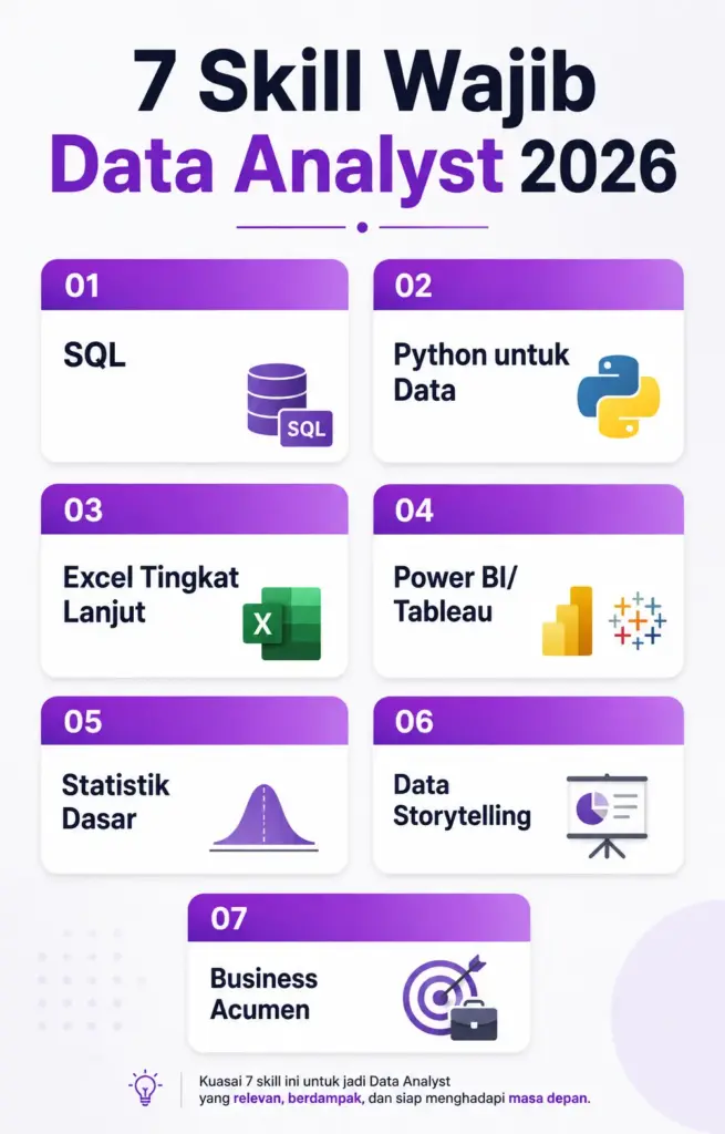 Infografis 7 skill wajib data analyst 2026 dari SQL sampai data storytelling