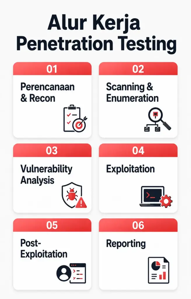Infografis 6 tahapan kerja pentester dari reconnaissance sampai reporting