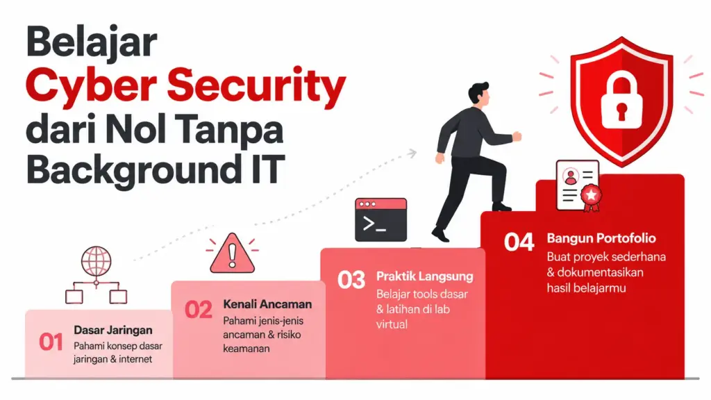 Infografis 4 tahap roadmap belajar cyber security dari nol tanpa background IT