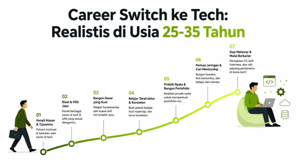 Infografis 7 langkah career switch ke tech tanpa background IT untuk usia 25-35 tahun