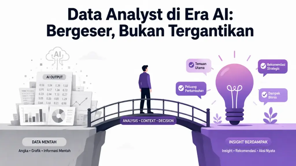 Infografis perbandingan tugas data analyst yang diotomasi AI vs yang tetap butuh manusia