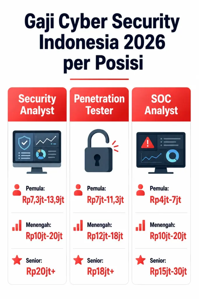 Infografis kisaran gaji cyber security Indonesia 2026 per posisi: Security Analyst, Penetration Tester, SOC Analyst