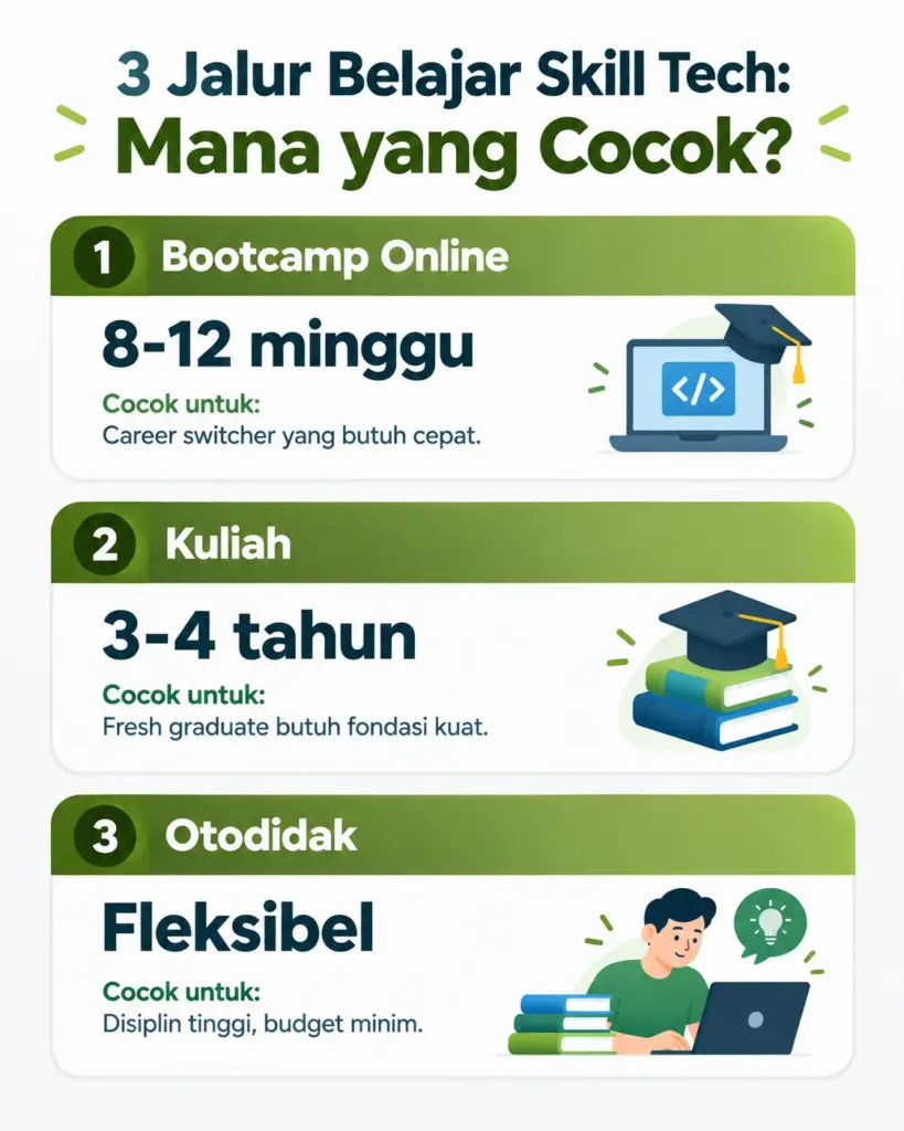 Infografis perbandingan bootcamp online, kuliah, dan otodidak untuk belajar skill tech