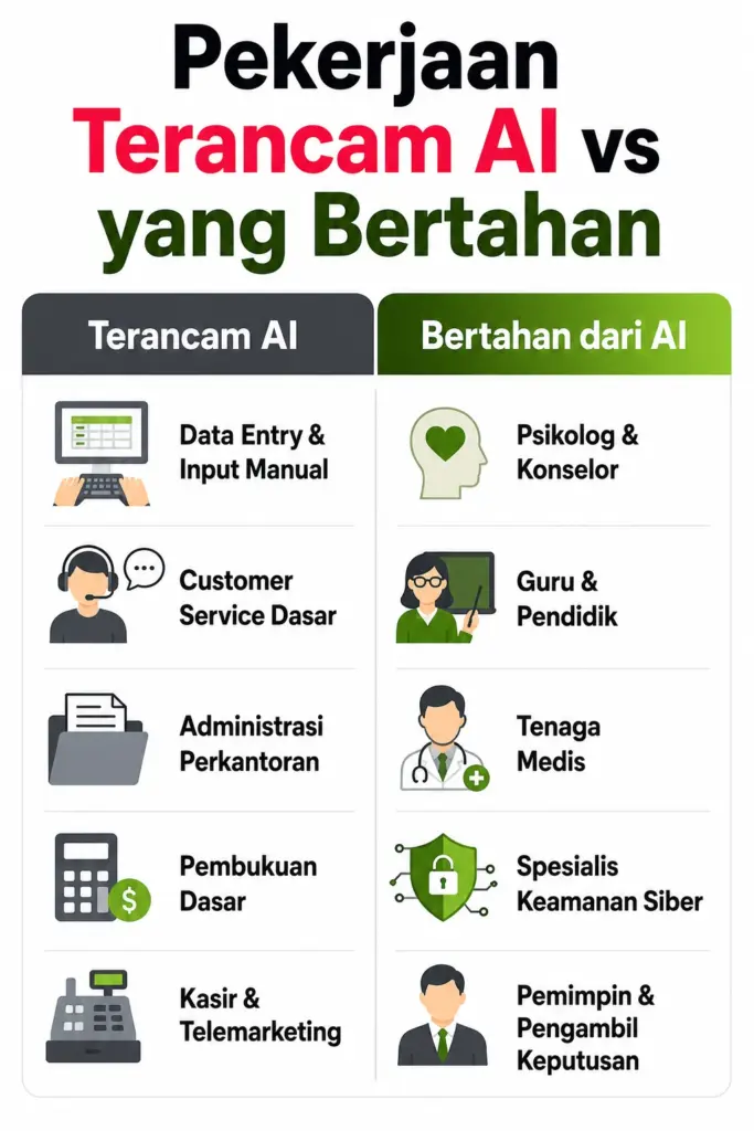 Infografis perbandingan pekerjaan yang terancam AI vs yang bertahan di tahun 2026