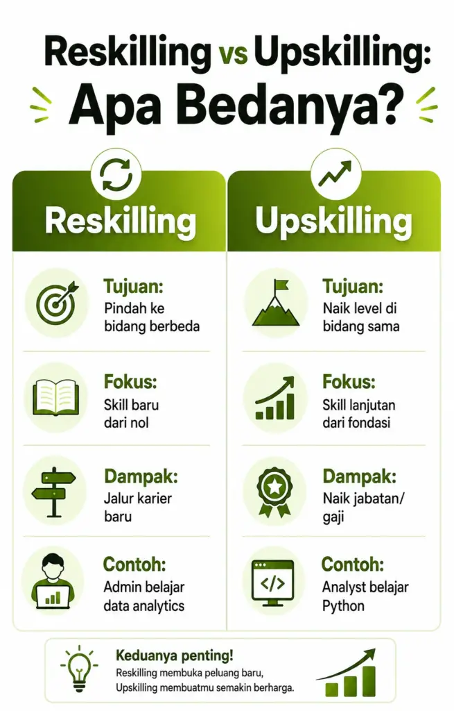 Infografis perbedaan reskilling dan upskilling untuk pengembangan karier