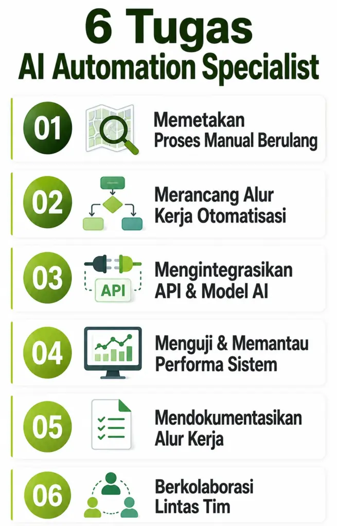 Infografis 6 tugas AI Automation Specialist dari memetakan proses sampai kolaborasi tim