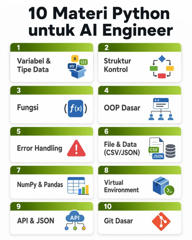 Infografis 10 materi Python dasar yang wajib dikuasai AI Engineer