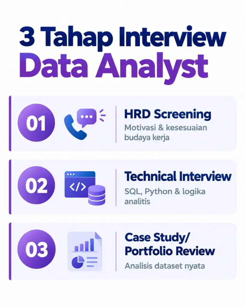 Infografis 3 tahap interview Data Analyst dari HRD screening sampai case study