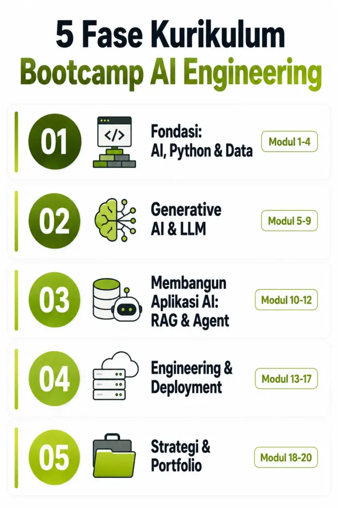 Infografis 5 fase kurikulum Bootcamp AI Engineering Rework Academy dari fondasi sampai portfolio