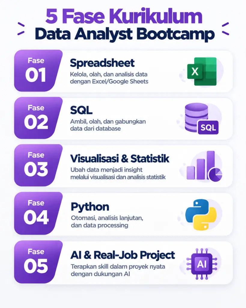 Infografis 5 fase kurikulum Bootcamp AI Engineering Rework Academy dari fondasi sampai portfolio
