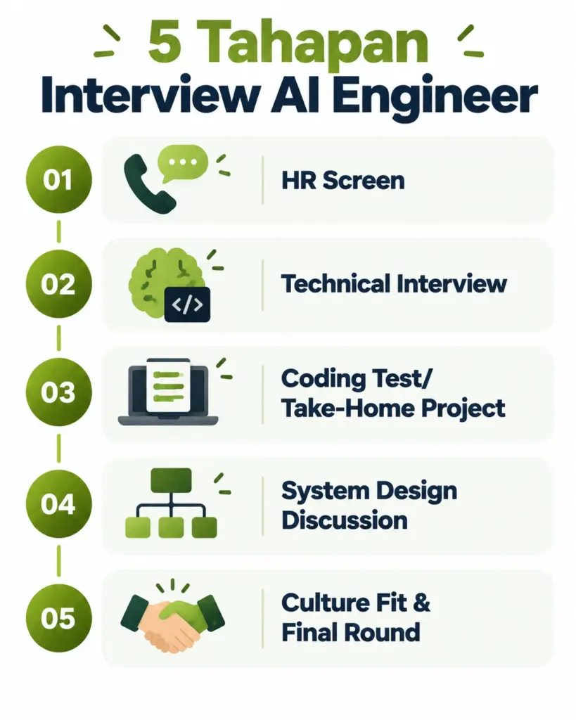 Infografis 5 tahapan interview AI Engineer dari HR screen sampai culture fit