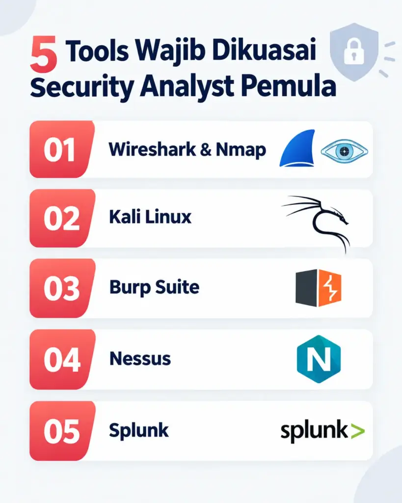 Infografis 5 tools fondasi yang wajib dipelajari Security Analyst pemula