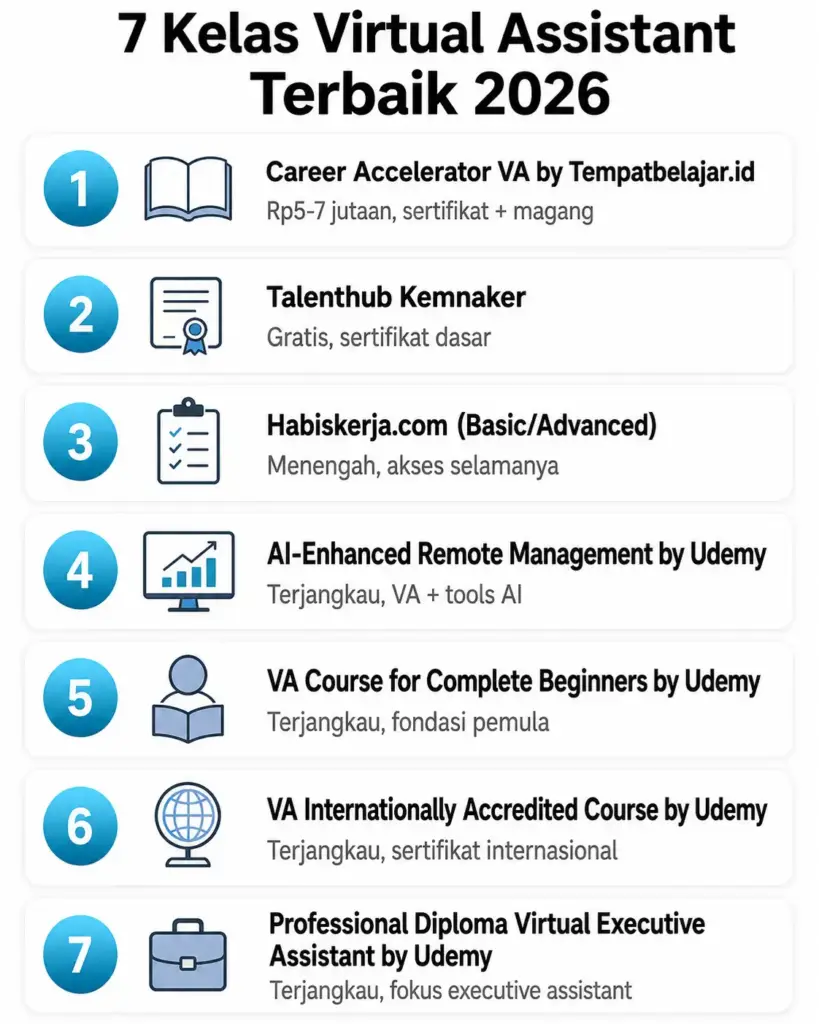 Infografis 7 rekomendasi kelas virtual assistant terbaik 2026 untuk fresh graduate