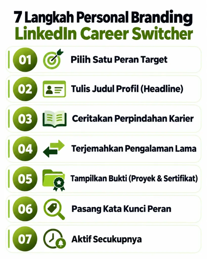 Infografis 7 langkah membangun personal branding LinkedIn untuk career switcher tech