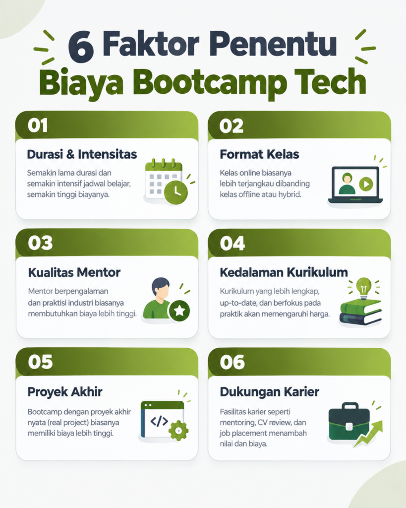 Infografis 6 faktor penentu biaya bootcamp tech dari mentor sampai career support