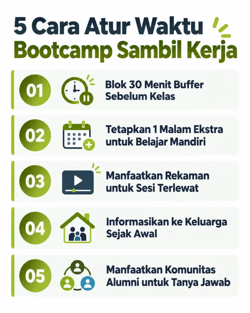 Infografis 5 cara mengatur waktu belajar bootcamp tech sambil kerja fulltime