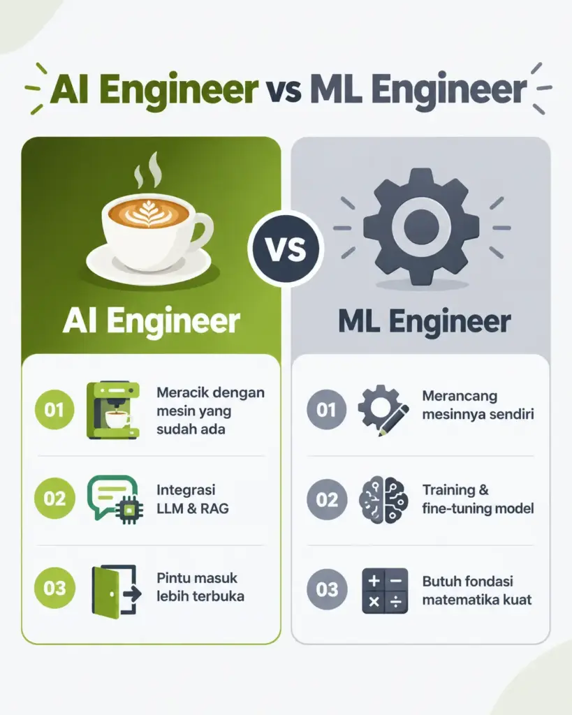 Infografis perbandingan AI Engineer vs Machine Learning Engineer dari tugas sampai gaji