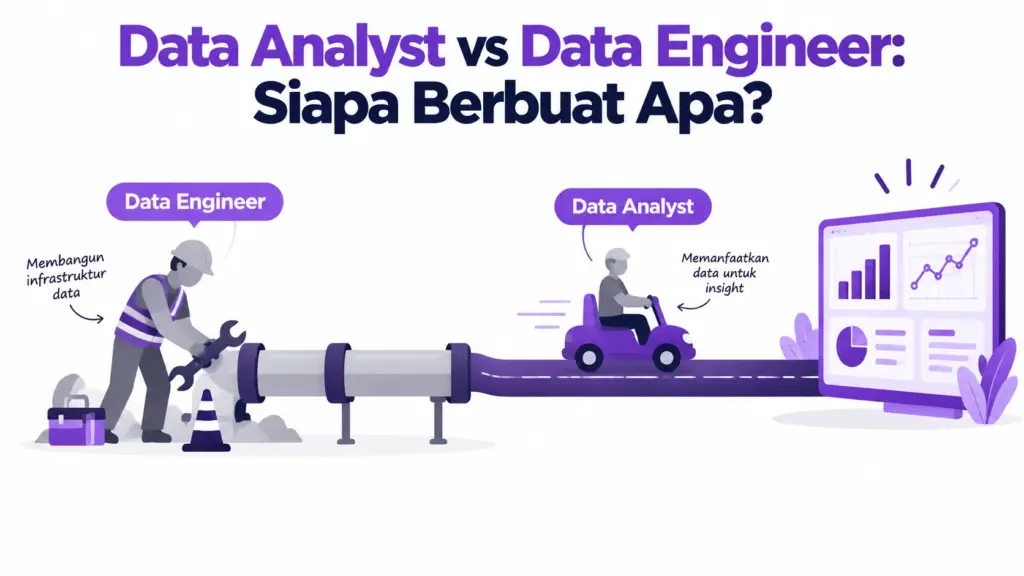 Infografis perbandingan Data Analyst vs Data Engineer dari fokus kerja sampai kolaborasi tim