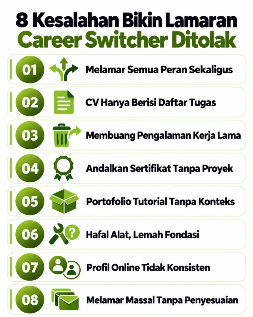 Infografis 8 kesalahan career switcher ke tech yang bikin lamaran ditolak