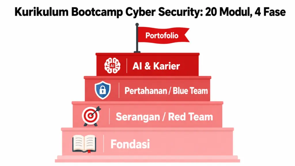 Infografis 4 fase kurikulum Bootcamp Cyber Security Rework Academy dari fondasi sampai karier