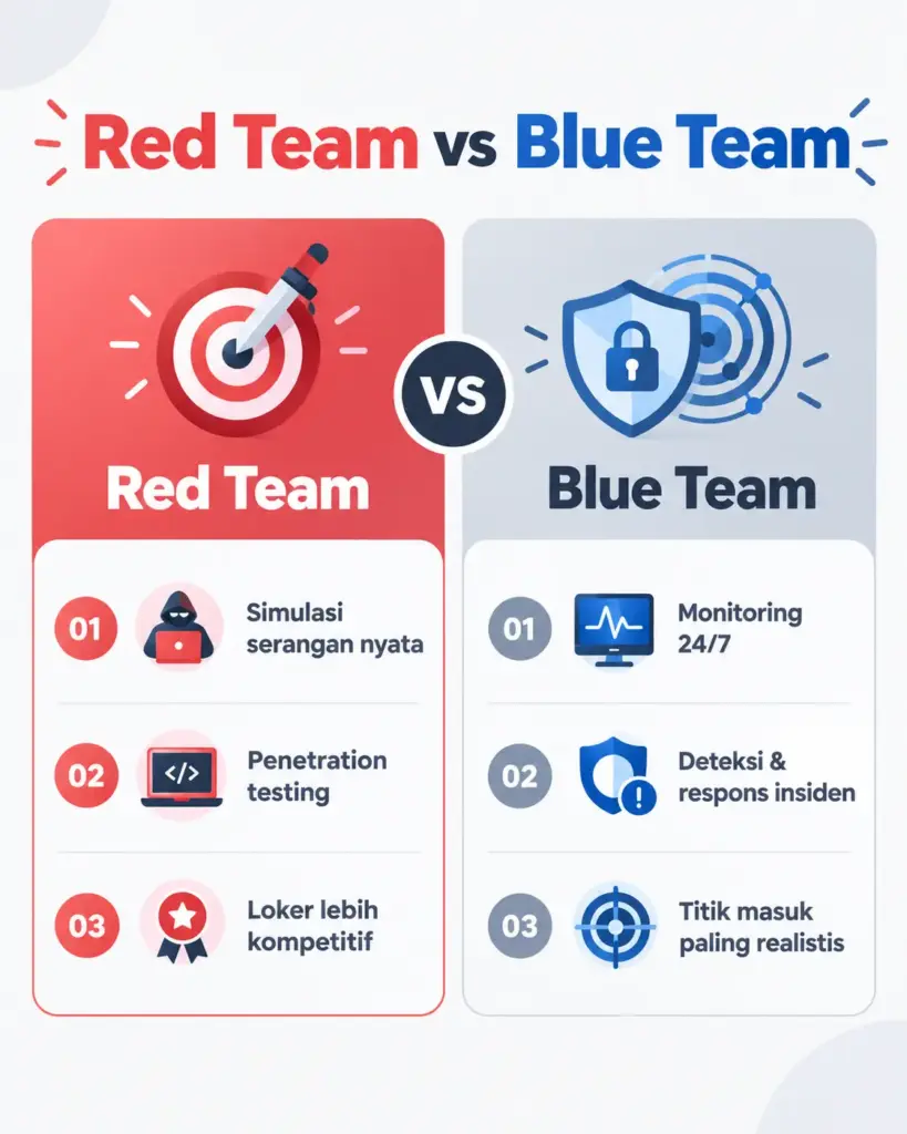 Infografis perbandingan Red Team vs Blue Team dalam cyber security