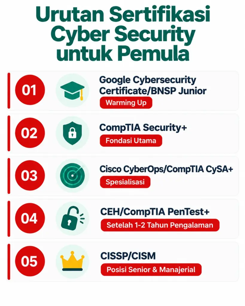Infografis urutan sertifikasi cyber security untuk pemula dari fondasi sampai senior