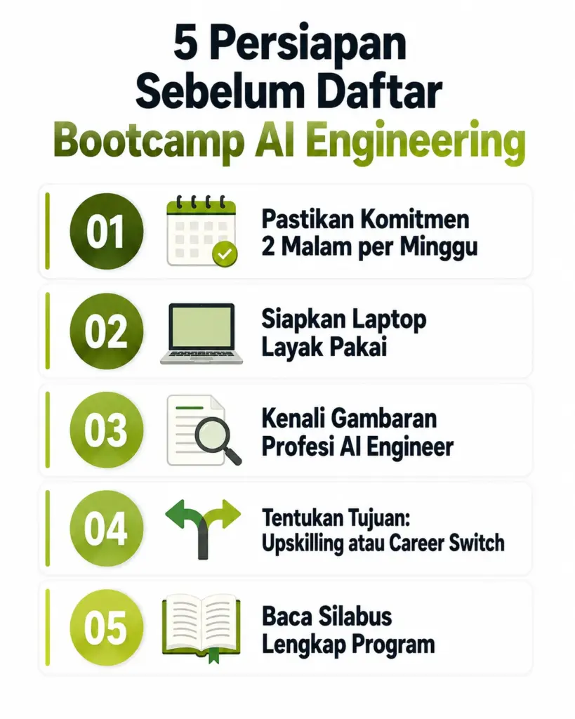 Infografis 5 persiapan sebelum daftar Bootcamp AI Engineering tanpa background IT