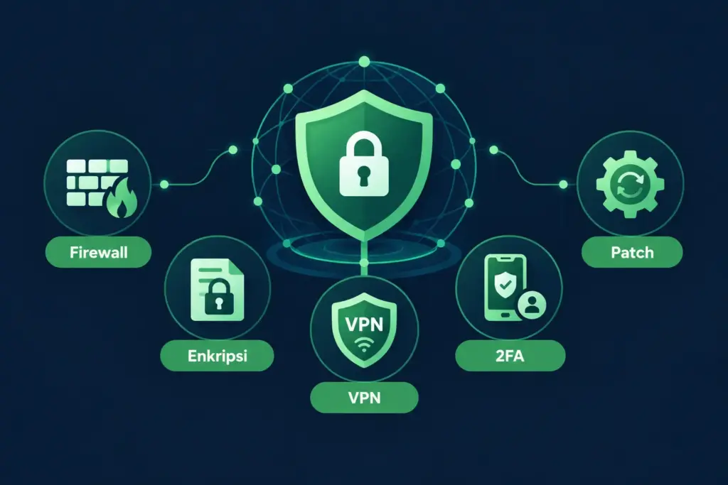 istilah proteksi cyber security — firewall enkripsi VPN 2FA patch