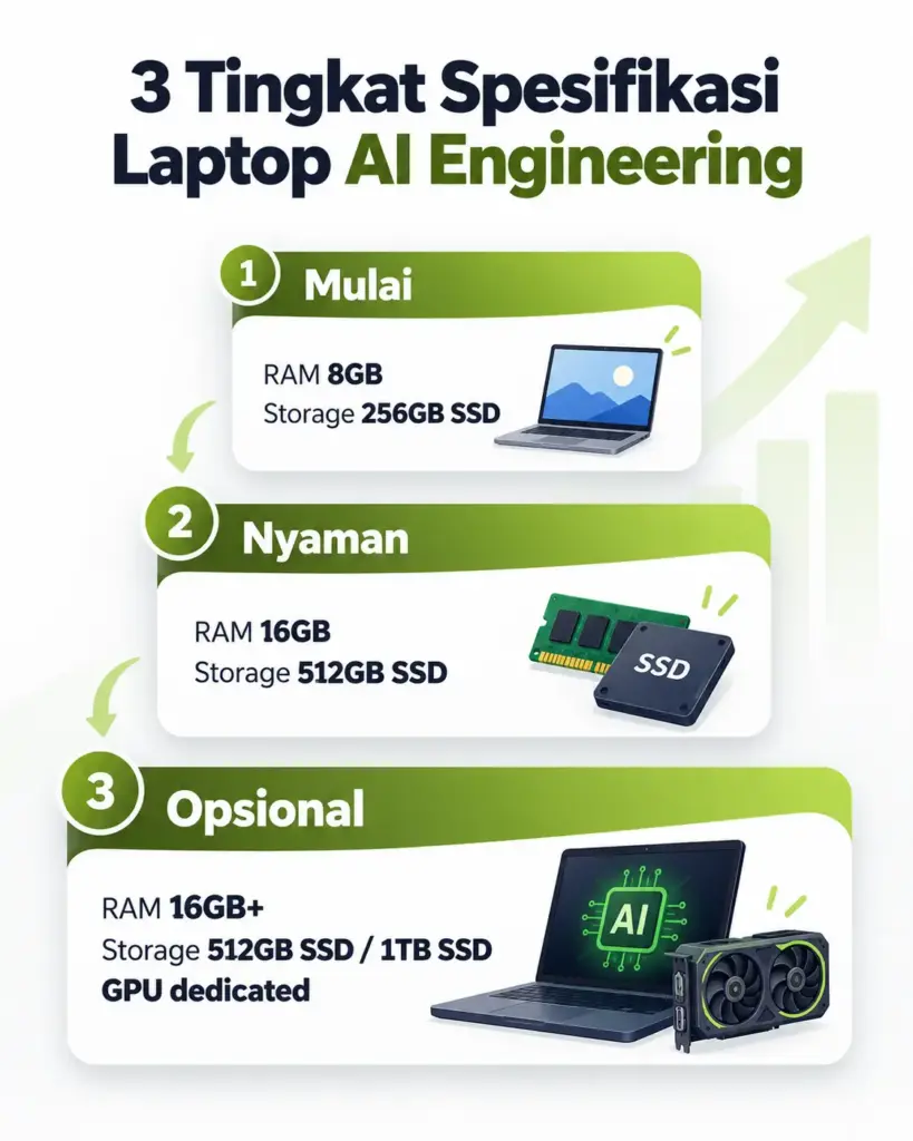 Infografis 3 tingkat spesifikasi laptop untuk belajar AI engineering dari pemula sampai model lokal