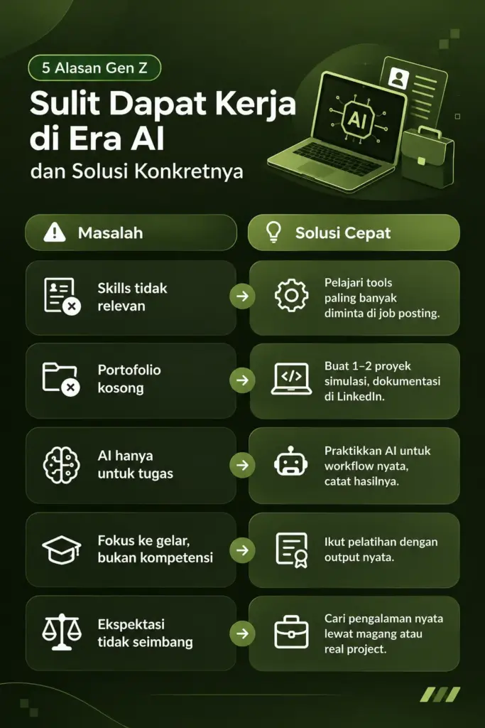 Infografis 5 alasan Gen Z sulit dapat bekerja di era AI dan solusi konkretnya